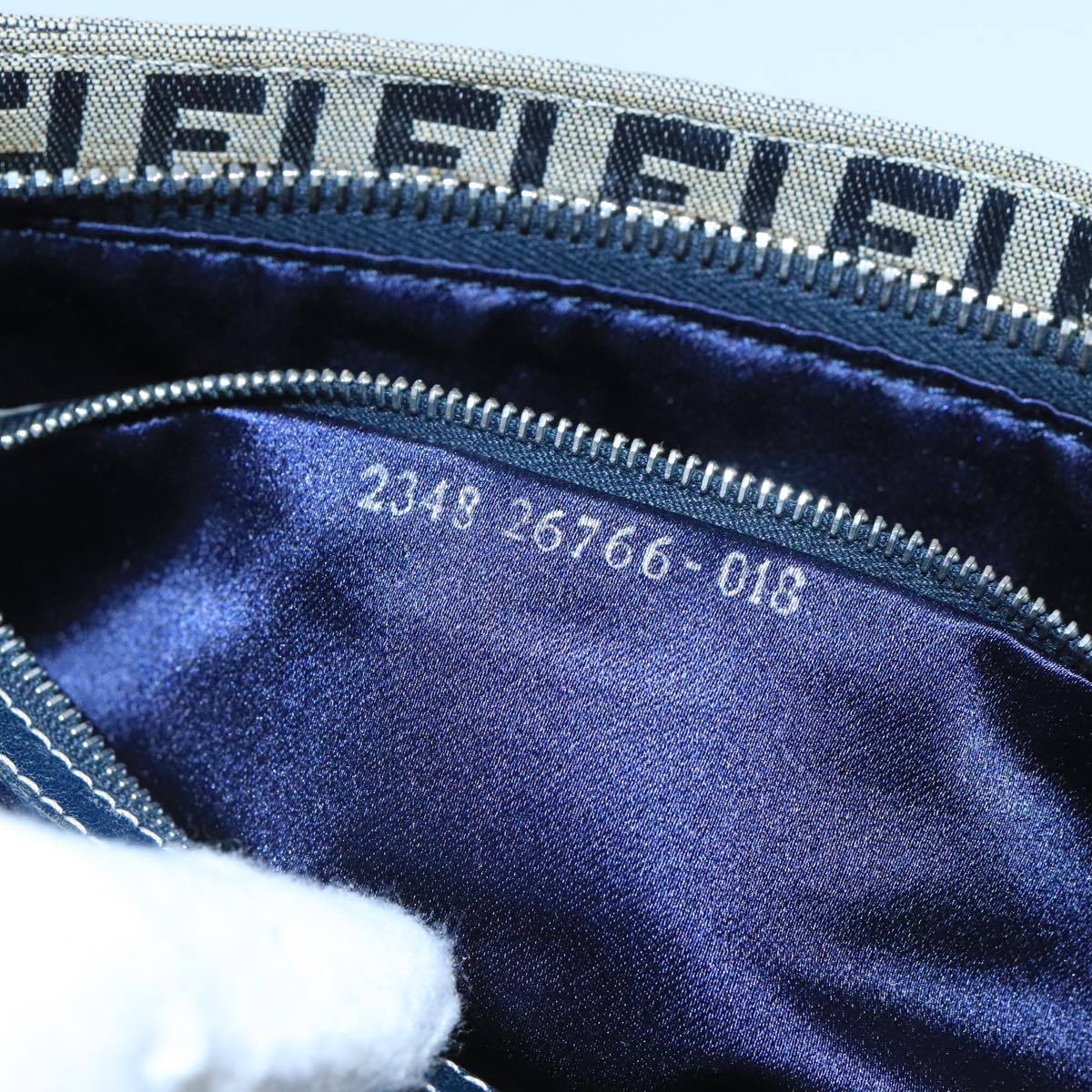 FENDI Zucchino Canvas Mamma Baguette Shoulder Bag Navy Silver ep6828