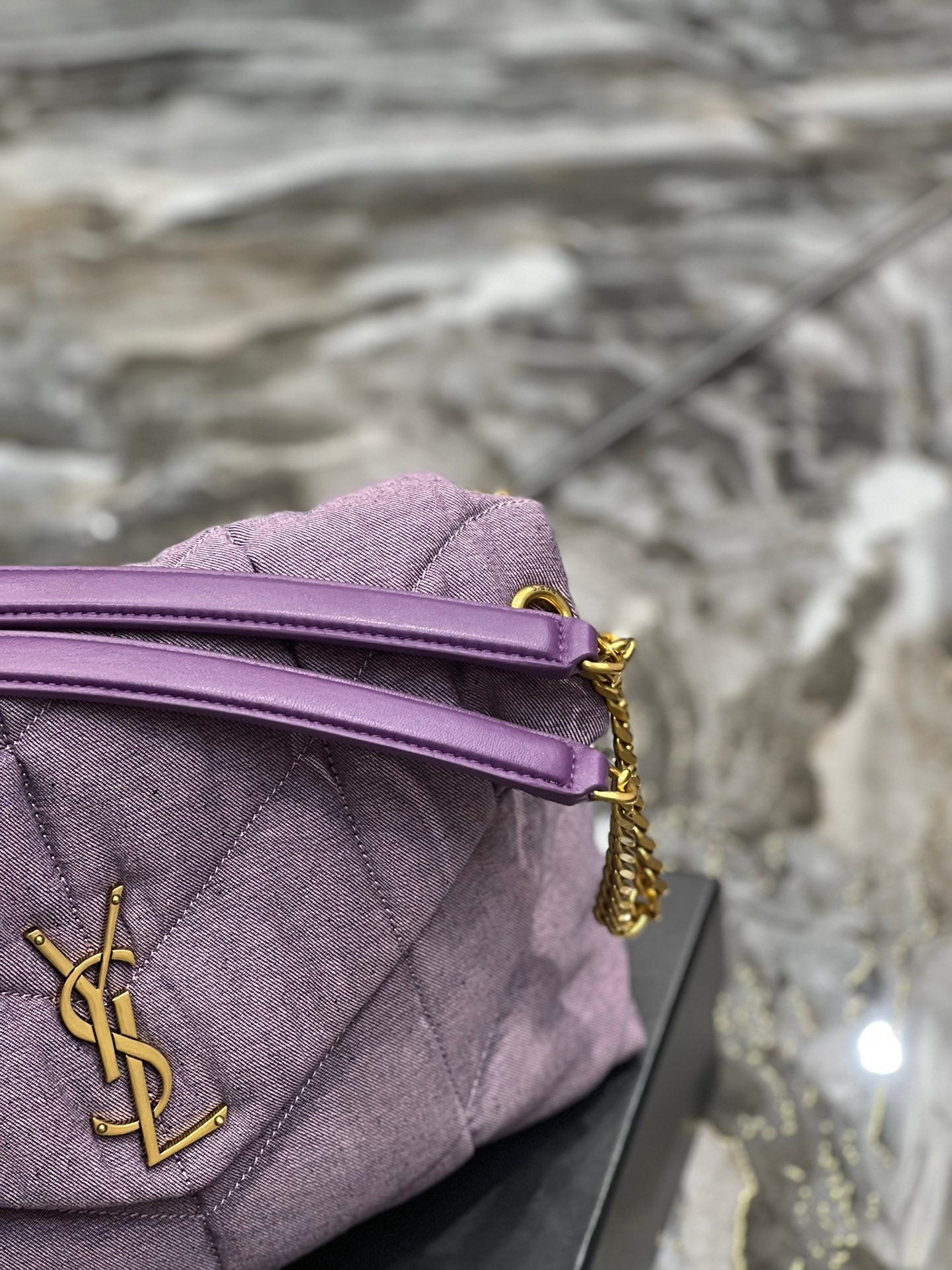 GLAMI Puffer MeGLAMIum Chain Bag Blesched Lilac In Denim For Women 13.8in/35cm YSL
