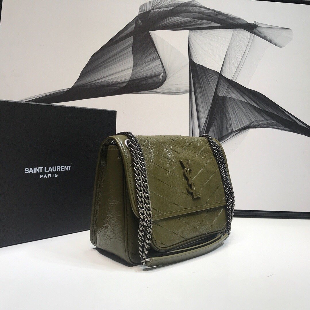 GLAMI Niki MeGLAMIum Chain Bag In Crinkled Vintage Green For Women 11in/28cm YSL 6331581YG041229