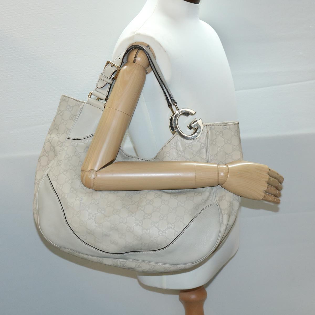 GUCCI GG Canvas Tote Bag Leather White fm1564