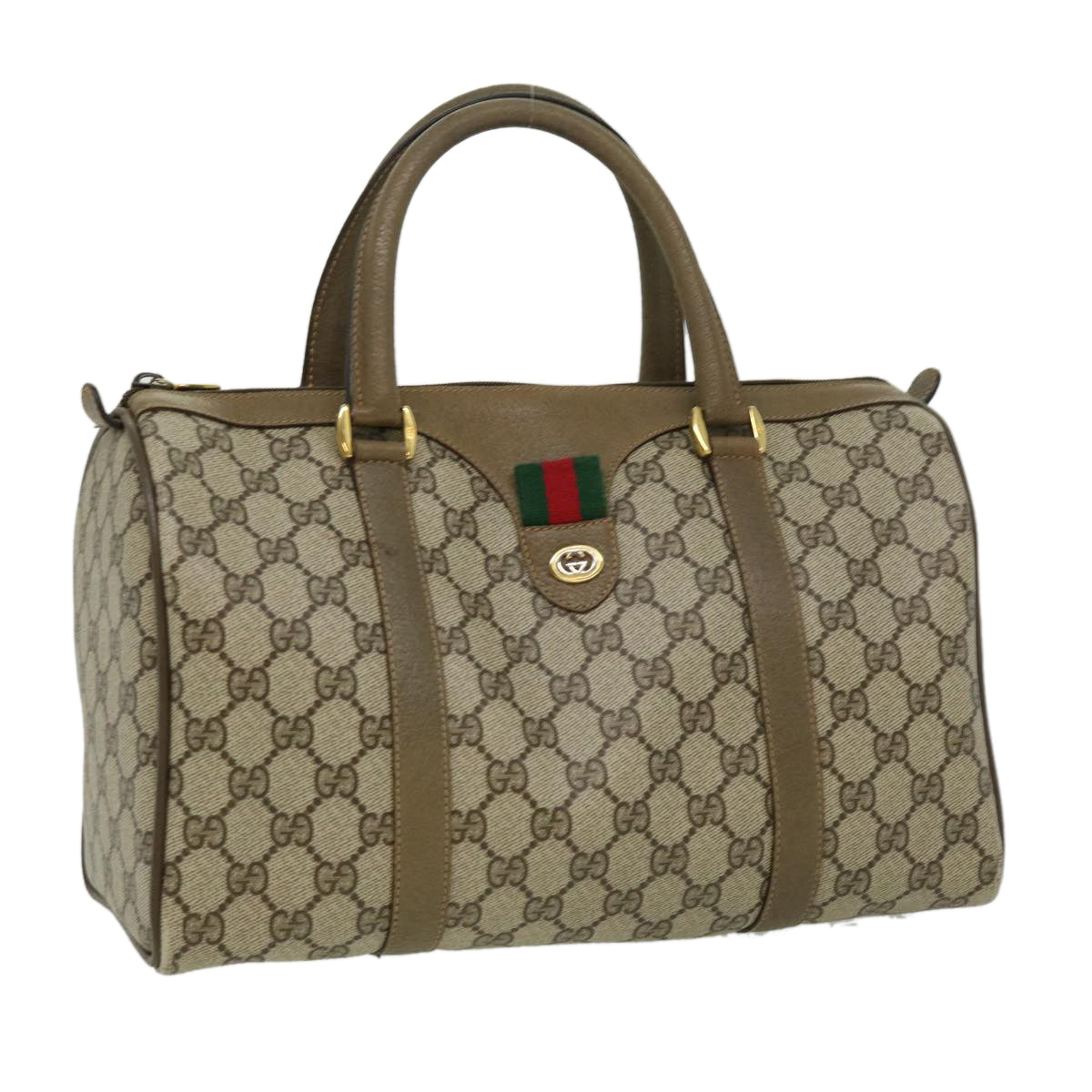 GUCCI Web Sherry Line GG Canvas Boston Bag PVC Leather Beige Green fm1775