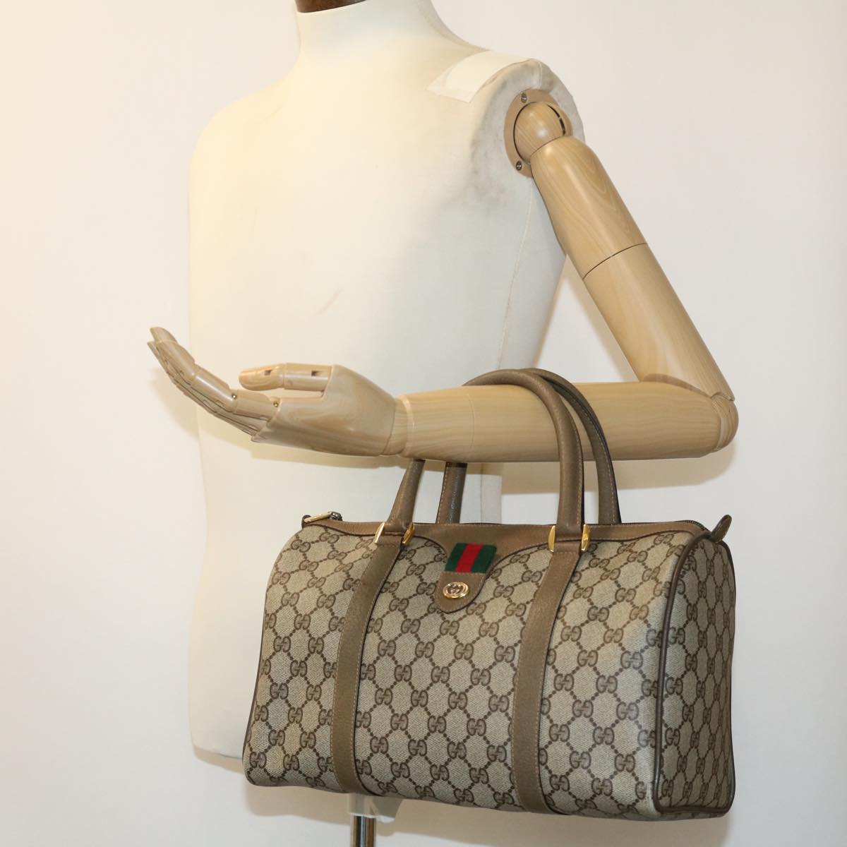GUCCI Web Sherry Line GG Canvas Boston Bag PVC Leather Beige Green fm1775