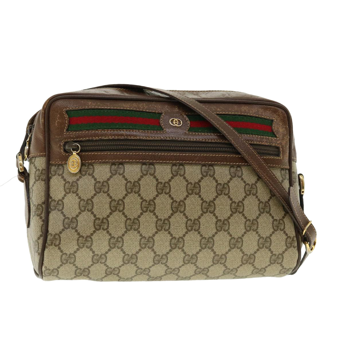 GUCCI GG Canvas Web Sherry Line Shoulder Bag PVC Leather Beige Green fm2201