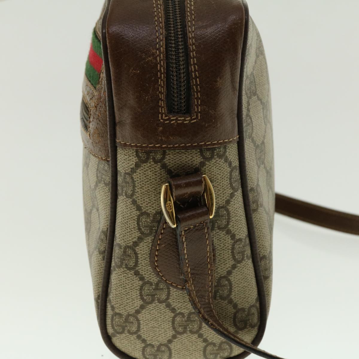 GUCCI GG Canvas Web Sherry Line Shoulder Bag PVC Leather Beige Green fm2201