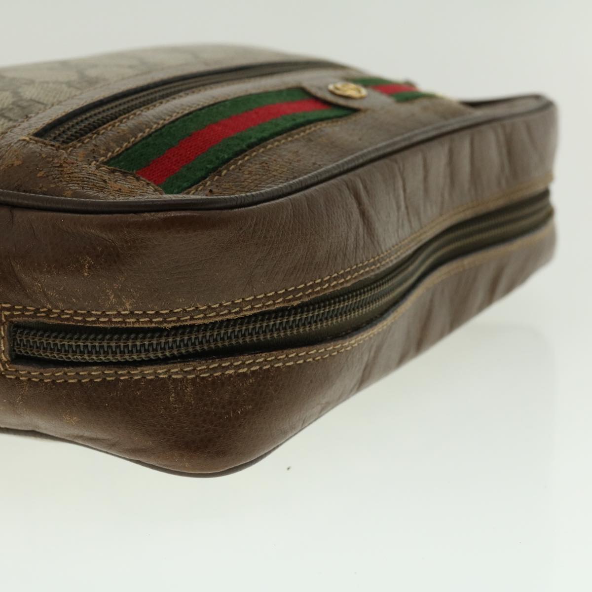 GUCCI GG Canvas Web Sherry Line Shoulder Bag PVC Leather Beige Green fm2201