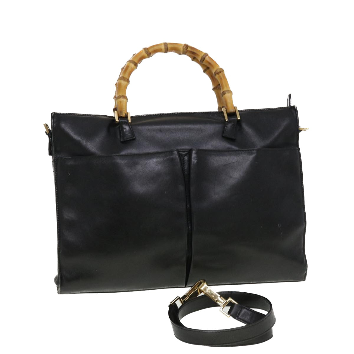 GUCCI Bamboo Hand Bag Leather 2way Black fm2374