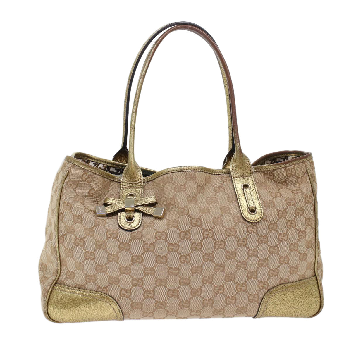 GUCCI GG Canvas Tote Bag Beige Gold Tone 163805 fm2594