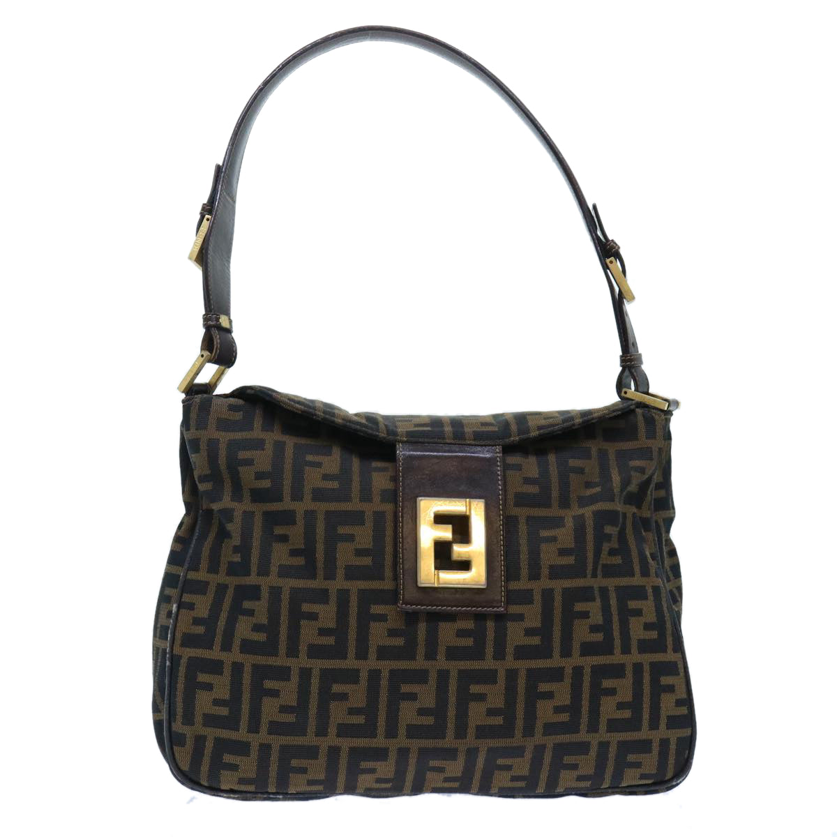 FENDI Zucca Canvas Shoulder Bag Leather Black Brown fm2602