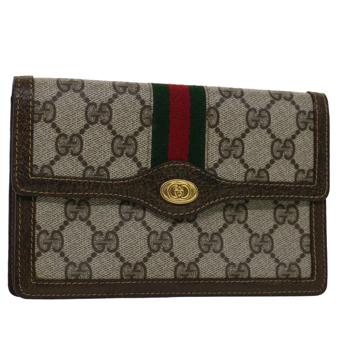 GUCCI GG Canvas Web Sherry Line Pouch PVC Leather Beige Red Green fm2634