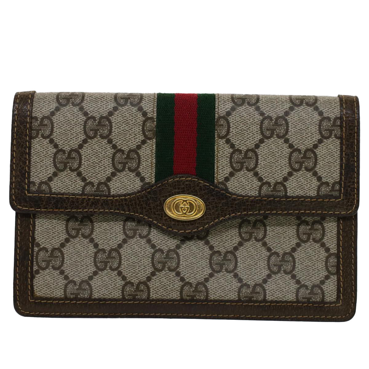 GUCCI GG Canvas Web Sherry Line Pouch PVC Leather Beige Red Green fm2634