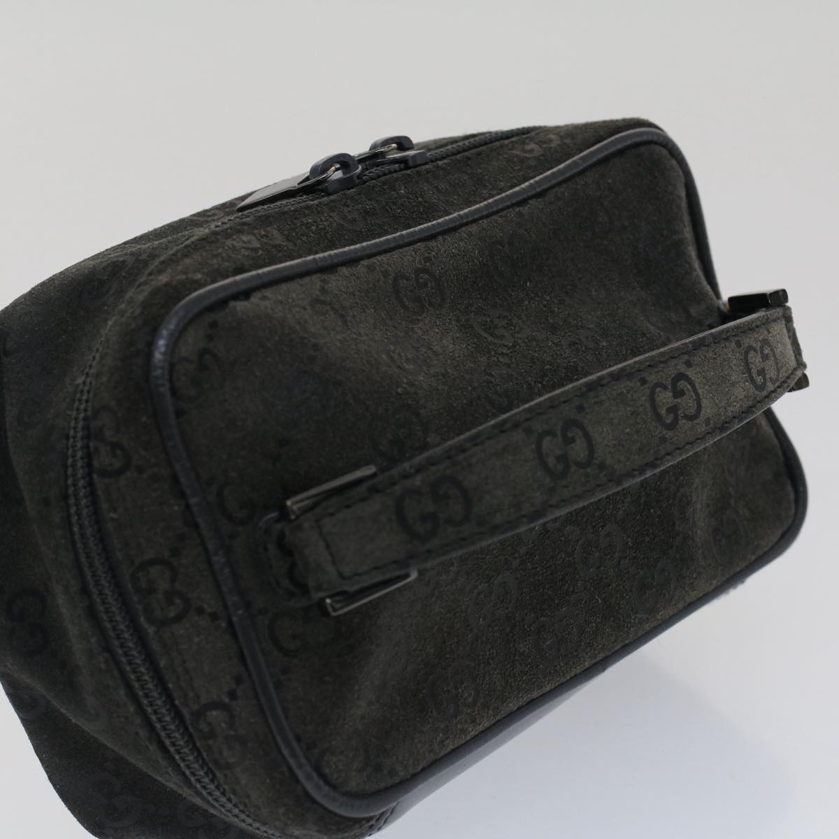 GUCCI GG Canvas Vanity Cosmetic Pouch Suede Gray 032 2854 0051 fm2654