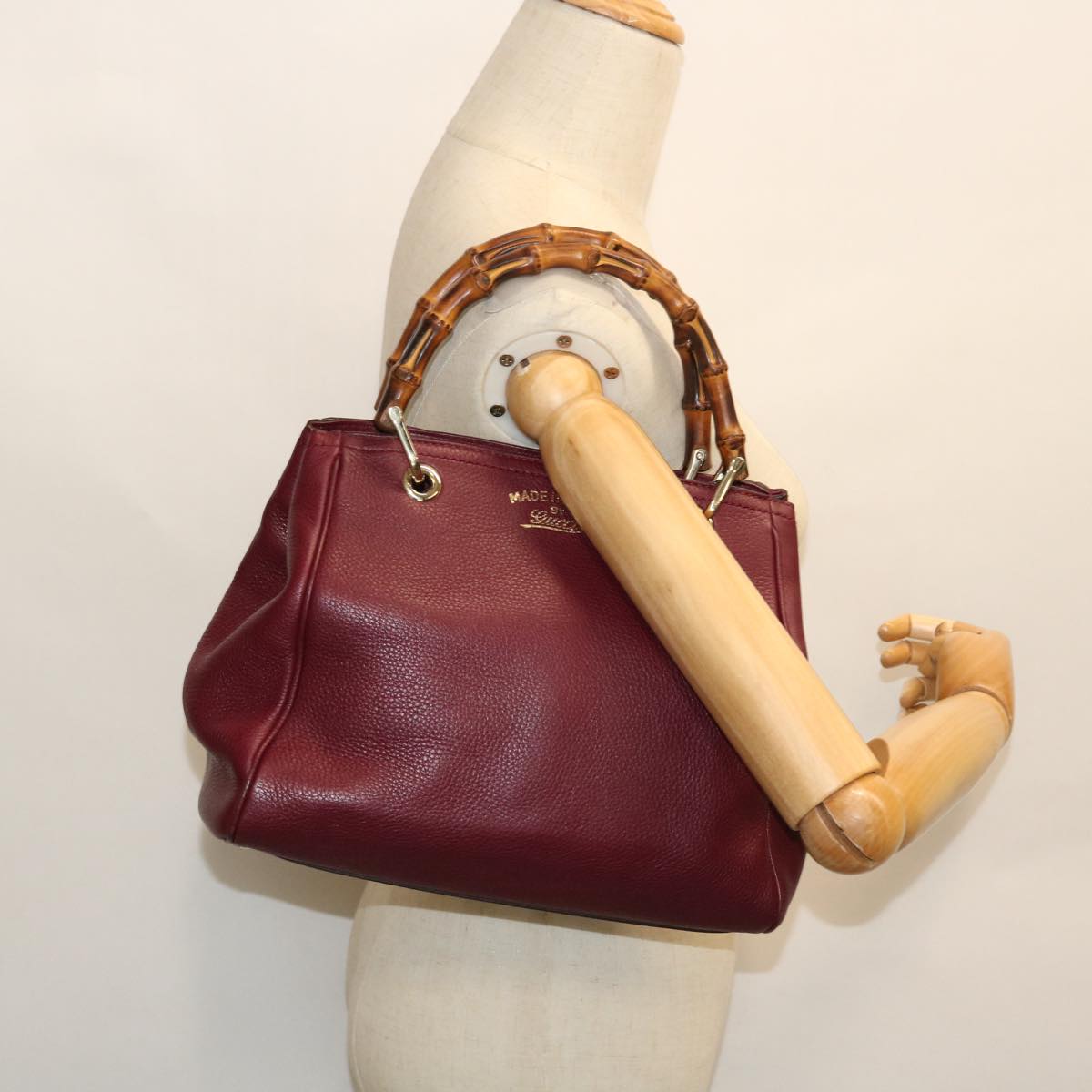 GUCCI Bamboo Small Shopper Hand Bag Leather Purple Wine Red 336032 fm2713