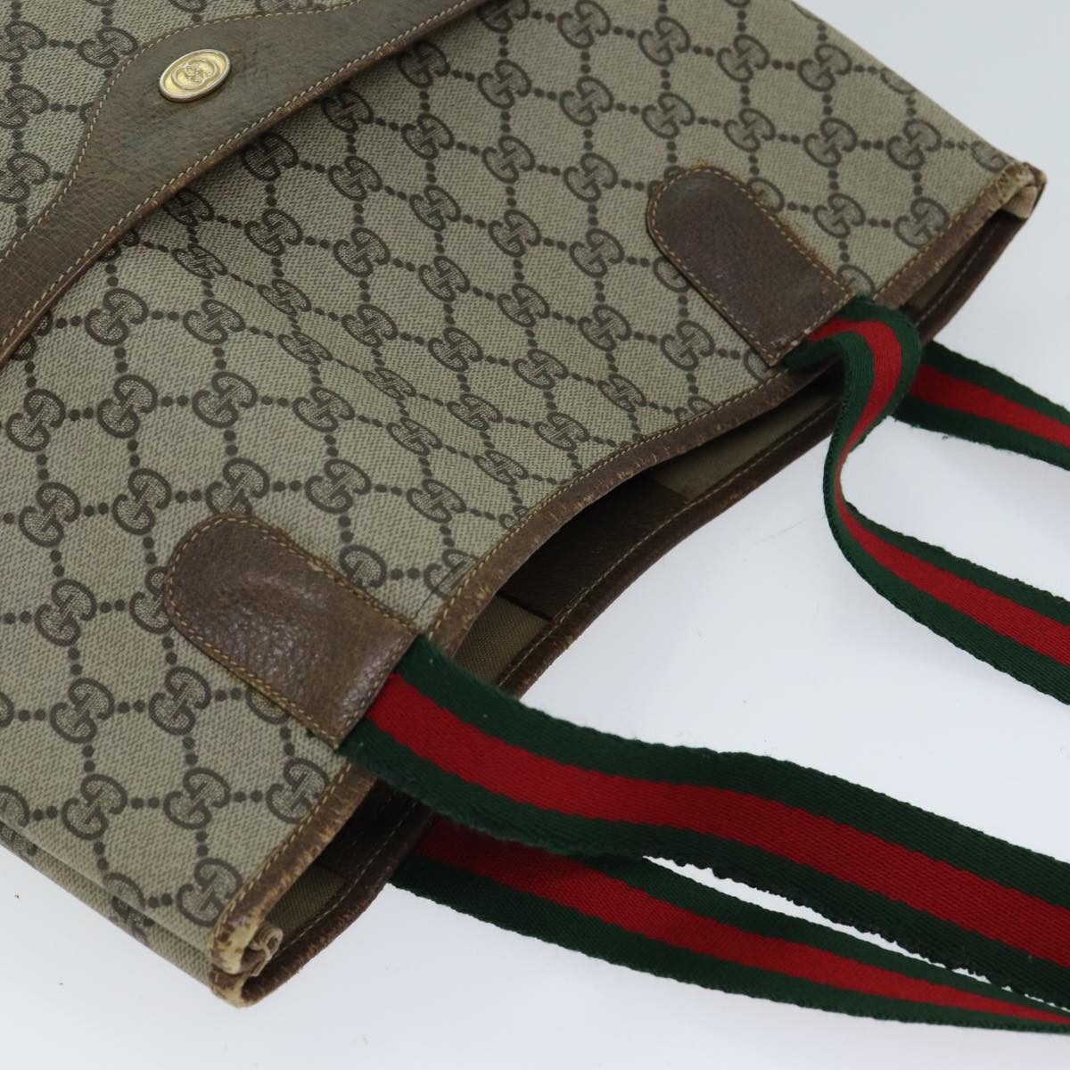 GUCCI GG Supreme Web Sherry Line Tote Bag PVC Beige Red 37 02 2140 fm3507