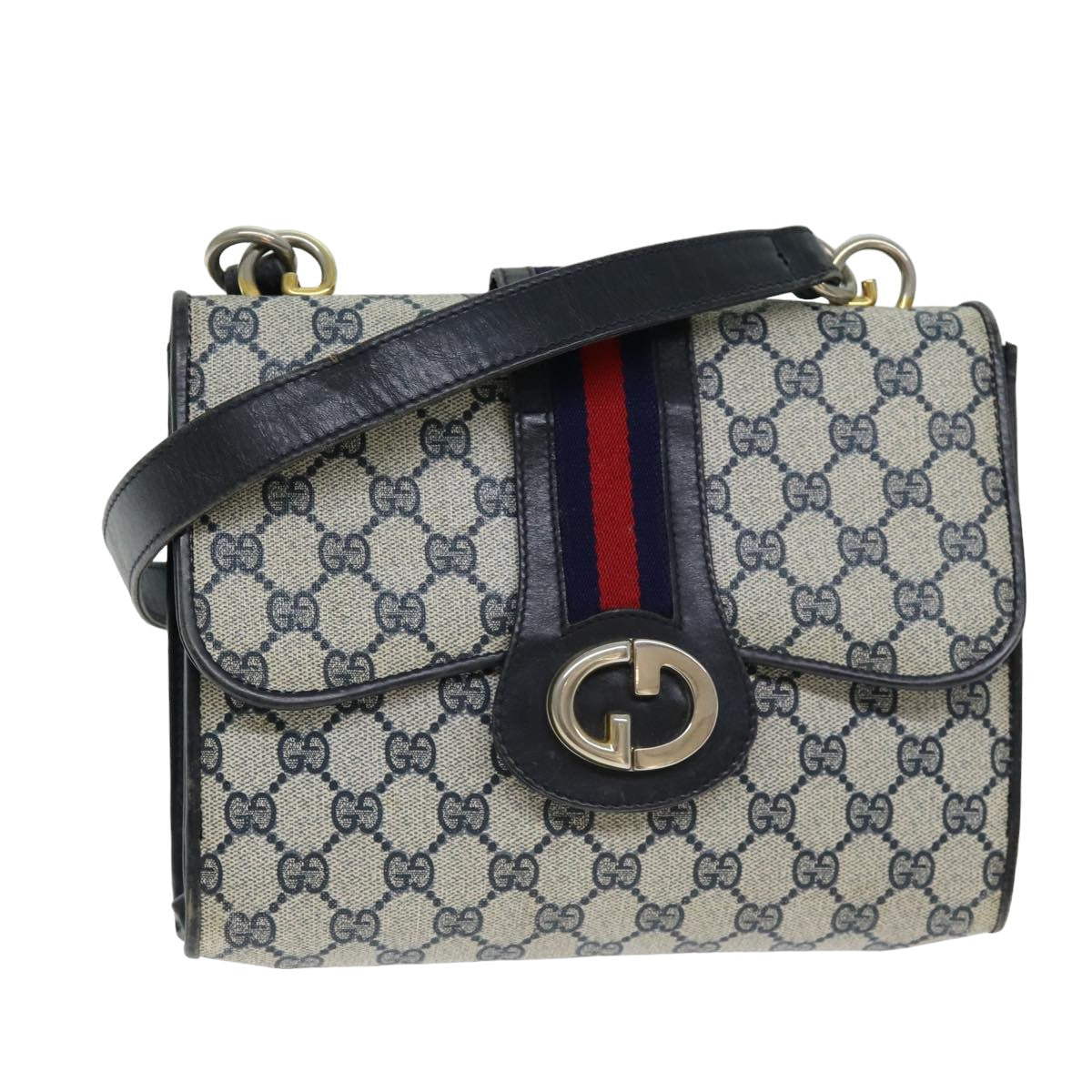 GUCCI GG Supreme Sherry Line Shoulder Bag PVC Leather Navy Red fm3556