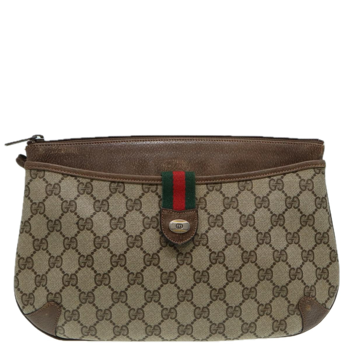 GUCCI GG Canvas Web Sherry Line Shoulder Bag PVC Leather Beige Green fm3586