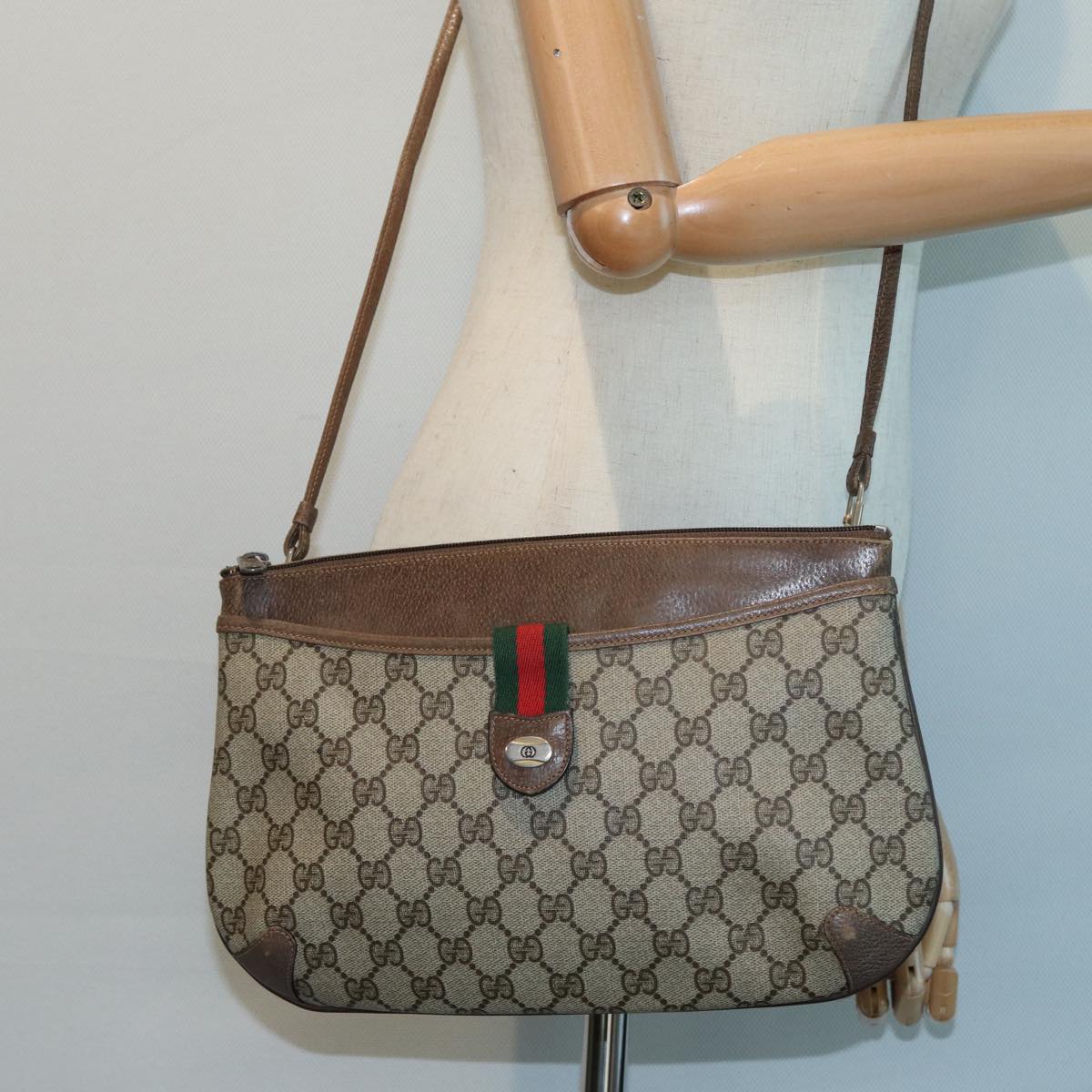 GUCCI GG Canvas Web Sherry Line Shoulder Bag PVC Leather Beige Green fm3586