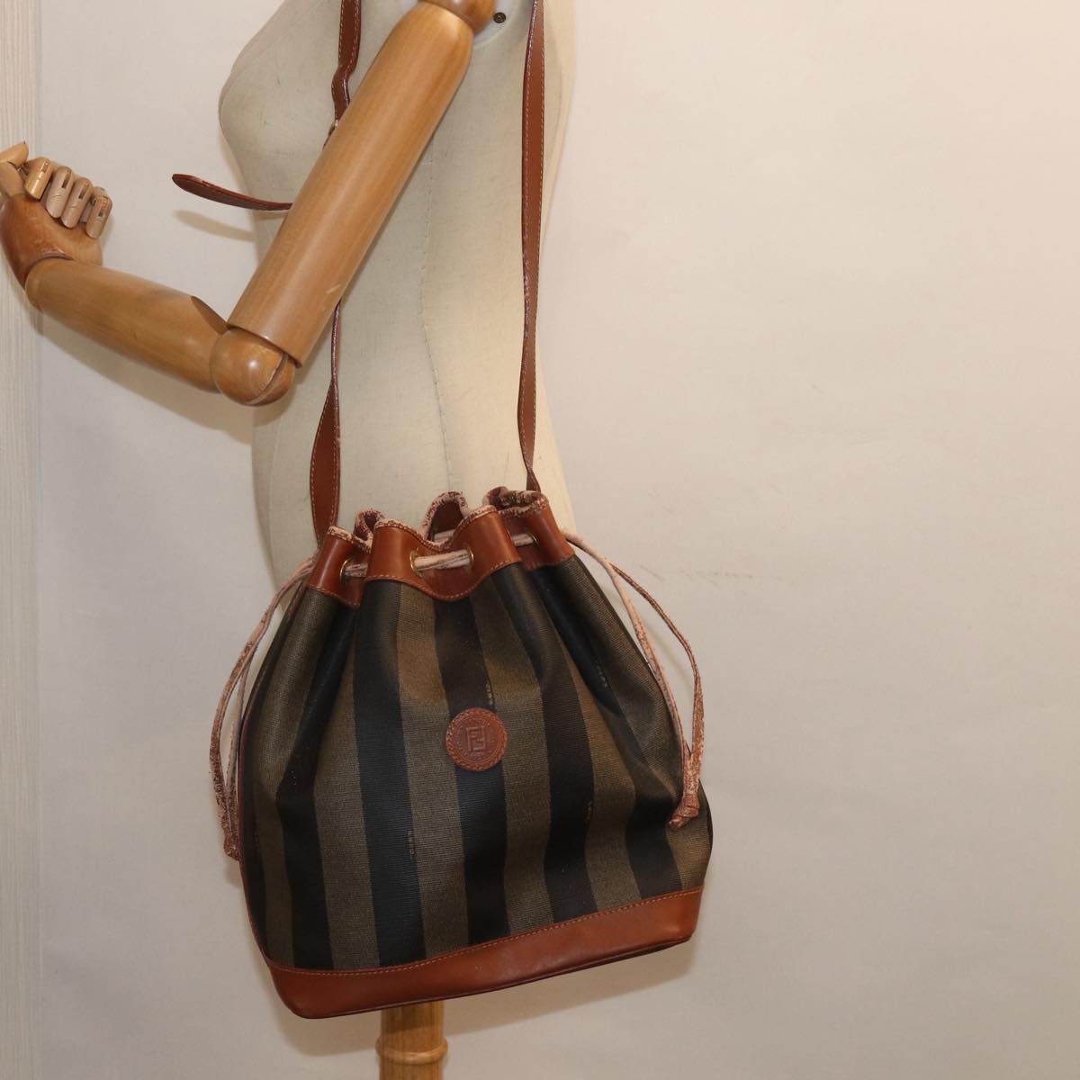 FENDI Pecan Canvas Shoulder Bag Brown Black gold fm3718