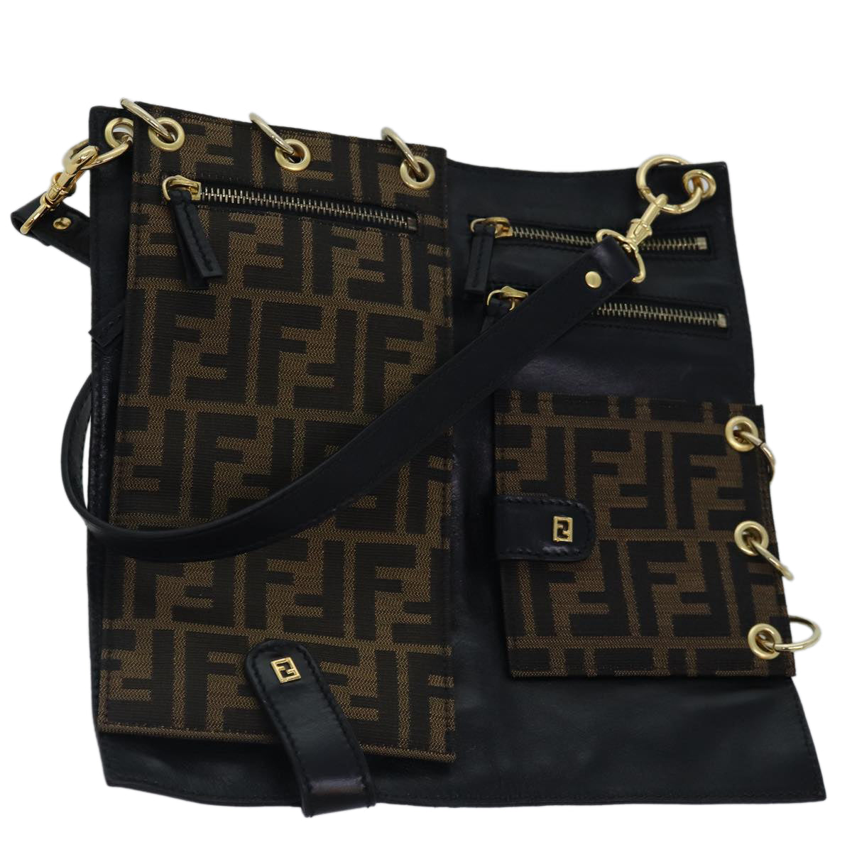FENDI Zucca Canvas Shoulder Bag Leather Black Gold fm3729