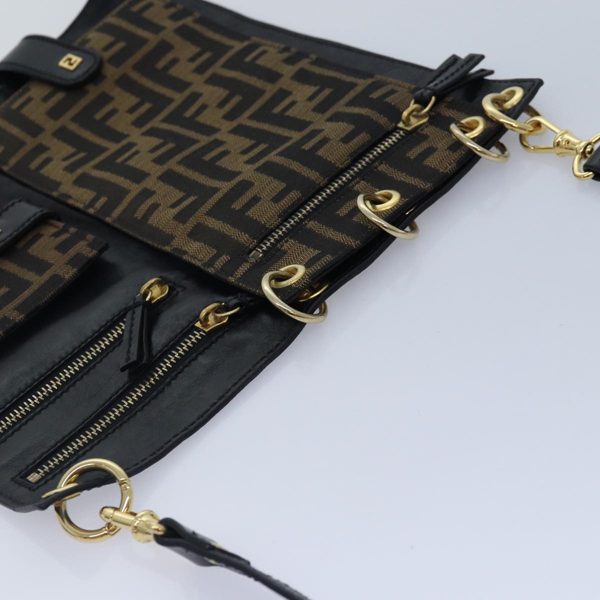 FENDI Zucca Canvas Shoulder Bag Leather Black Gold fm3729