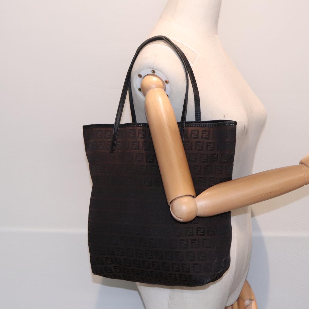 FENDI Zucchino Canvas Tote Bag Brown Black Silver fm3814