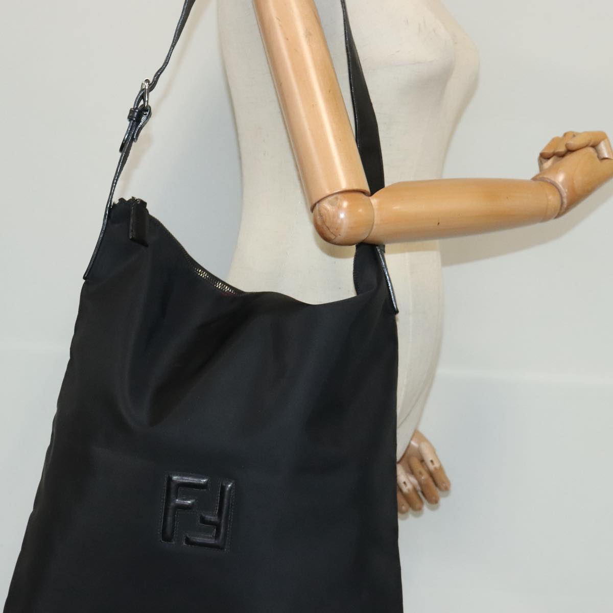 FENDI Shoulder Bag Nylon Leather Black Silver fm3934