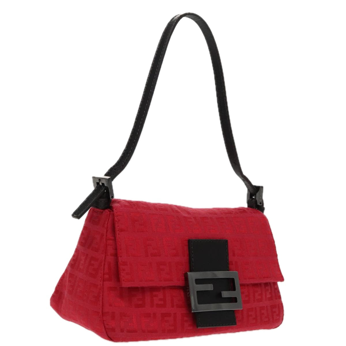 FENDI Zucchino Canvas Mini Mamma Baguette Shoulder Bag Red Silver fm3971A
