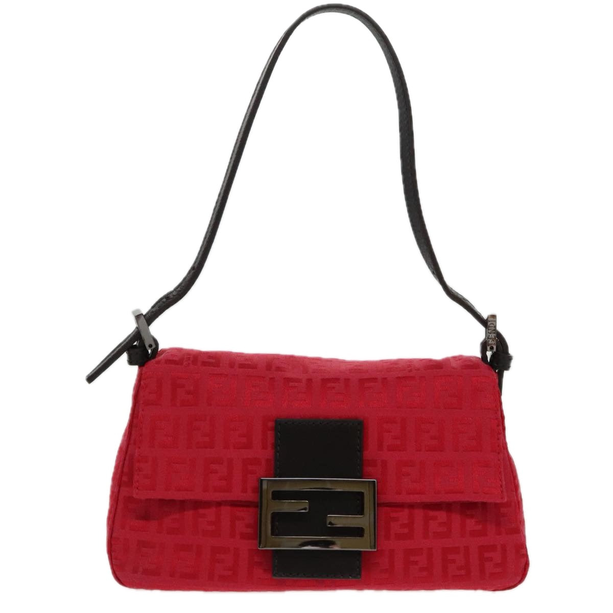 FENDI Zucchino Canvas Mini Mamma Baguette Shoulder Bag Red Silver fm3971A