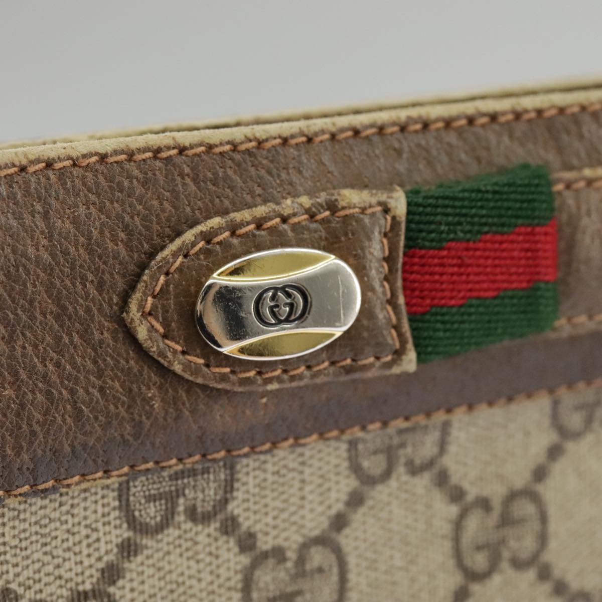 GUCCI GG Supreme Web Sherry Line Shoulder Bag PVC Leather Beige Red fm4067