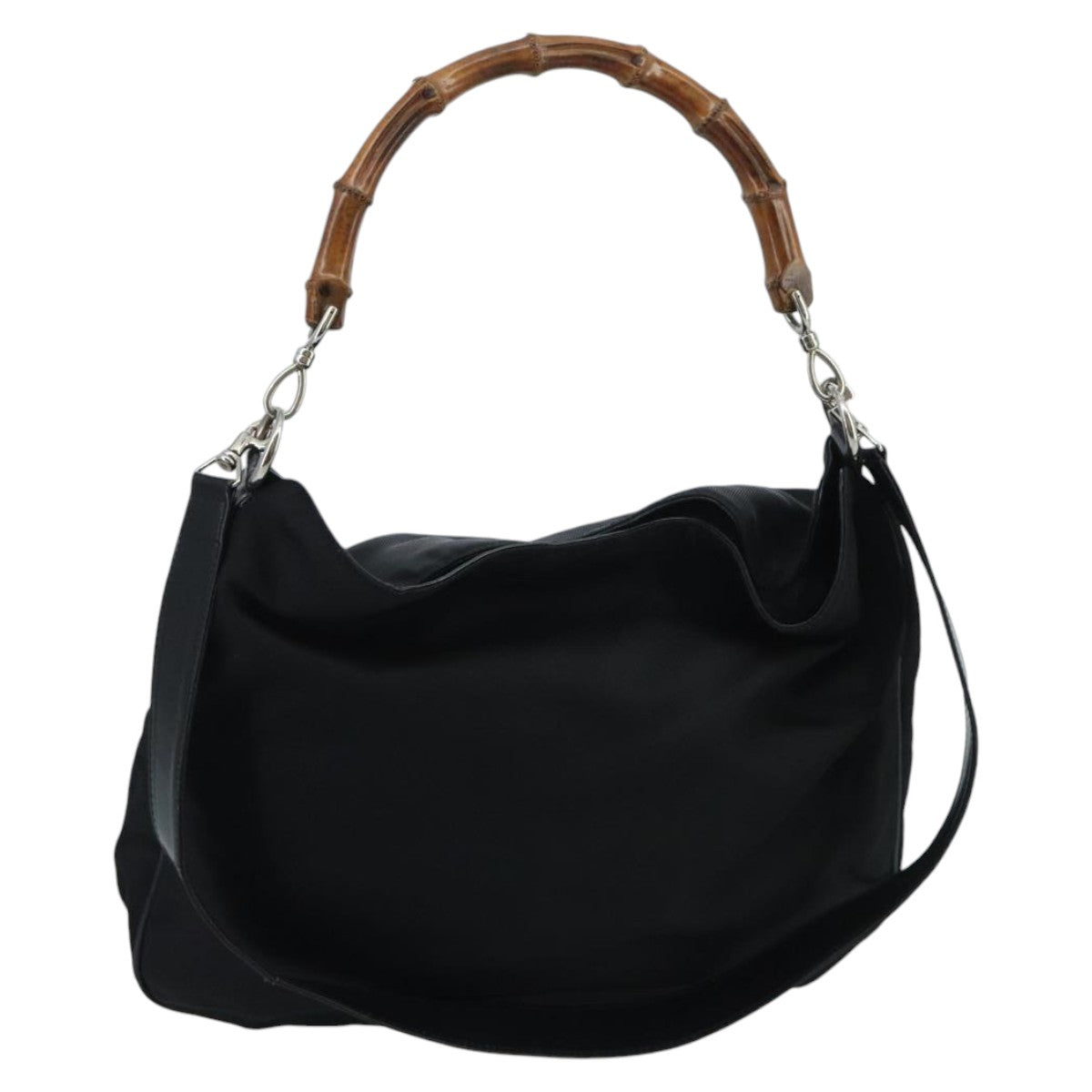 GUCCI Bamboo Hand Bag Nylon 2way Black Silver 001 2404 1577 fm4088
