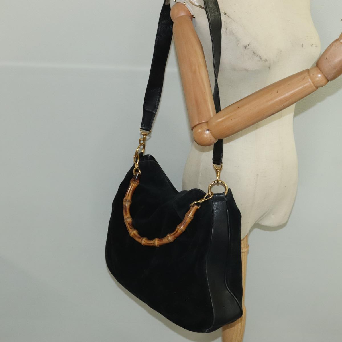GUCCI Bamboo Hand Bag Suede Leather 2way Black Gold 001 3444 1638 ep6584