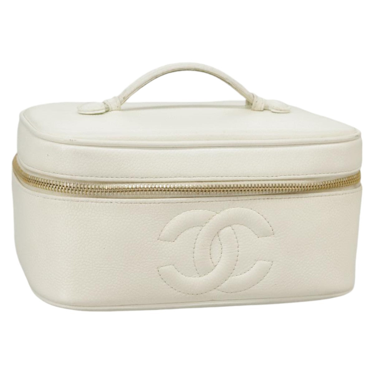 CHANEL COCO Mark vanity Pouch Caviar Skin White Gold CC fm4164