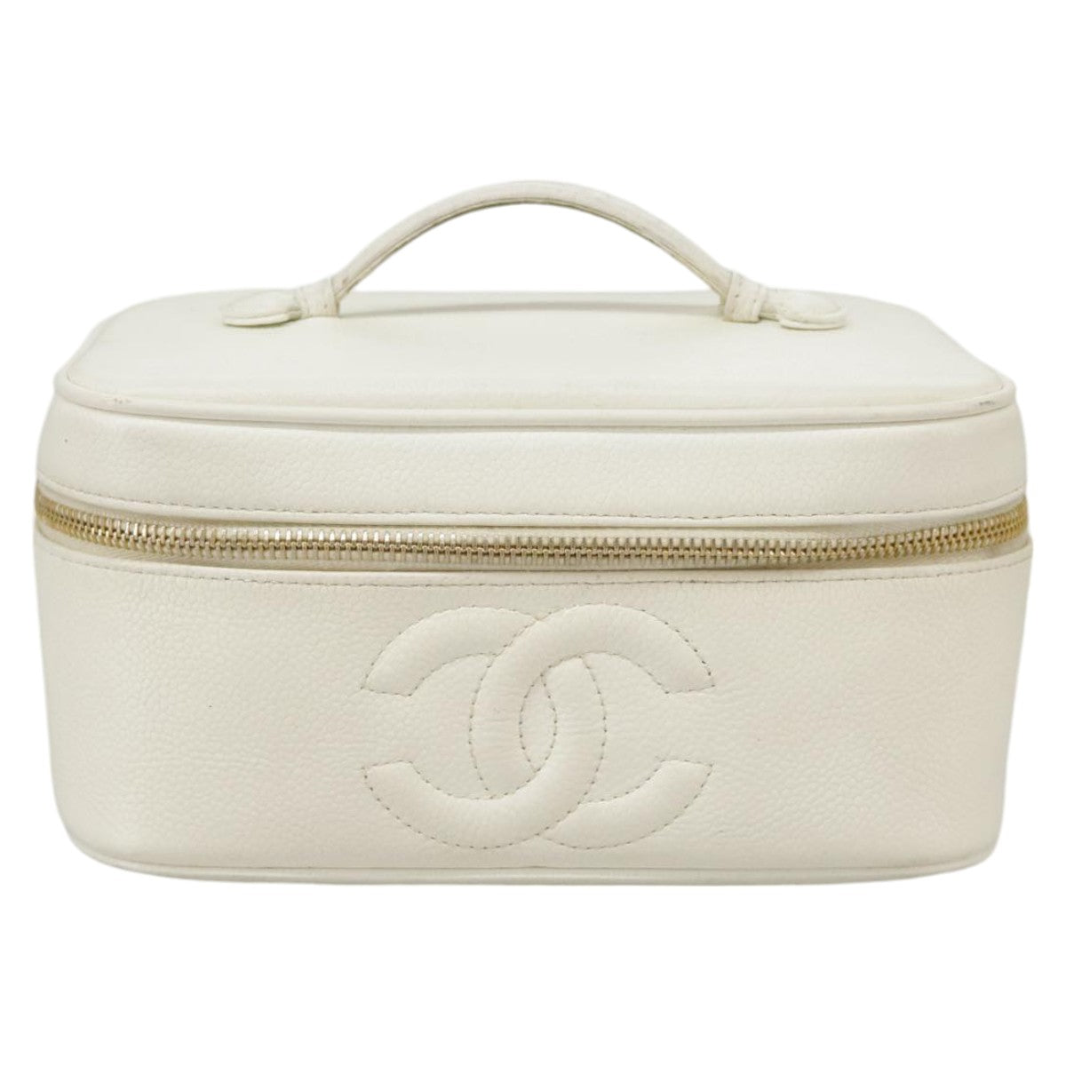 CHANEL COCO Mark vanity Pouch Caviar Skin White Gold CC fm4164