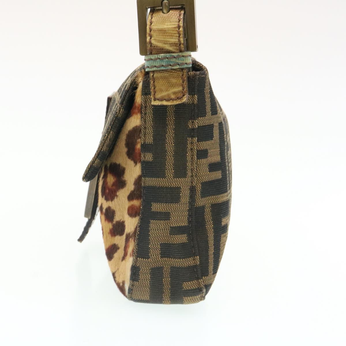 FENDI Zucca Canvas Leopard Mamma Baguette Shoulder Bag Brown Black am1632gA
