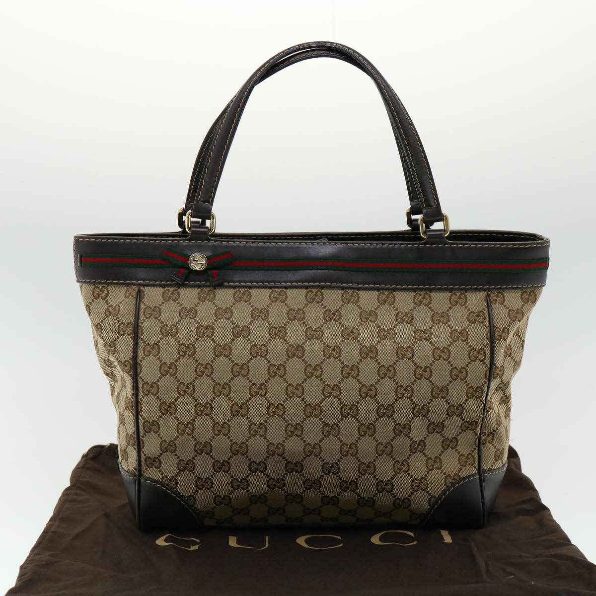 GUCCI Web Sherry Line GG Canvas Tote Bag Beige Green Red am2786g