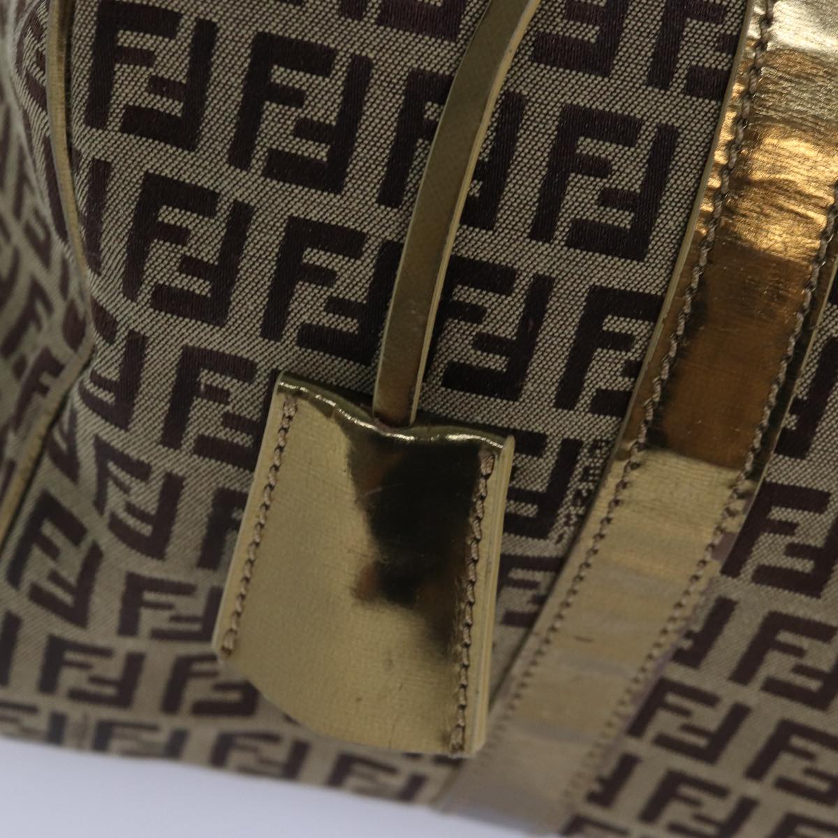 FENDI Zucchino Canvas Boston Bag Beige Gold hk1608