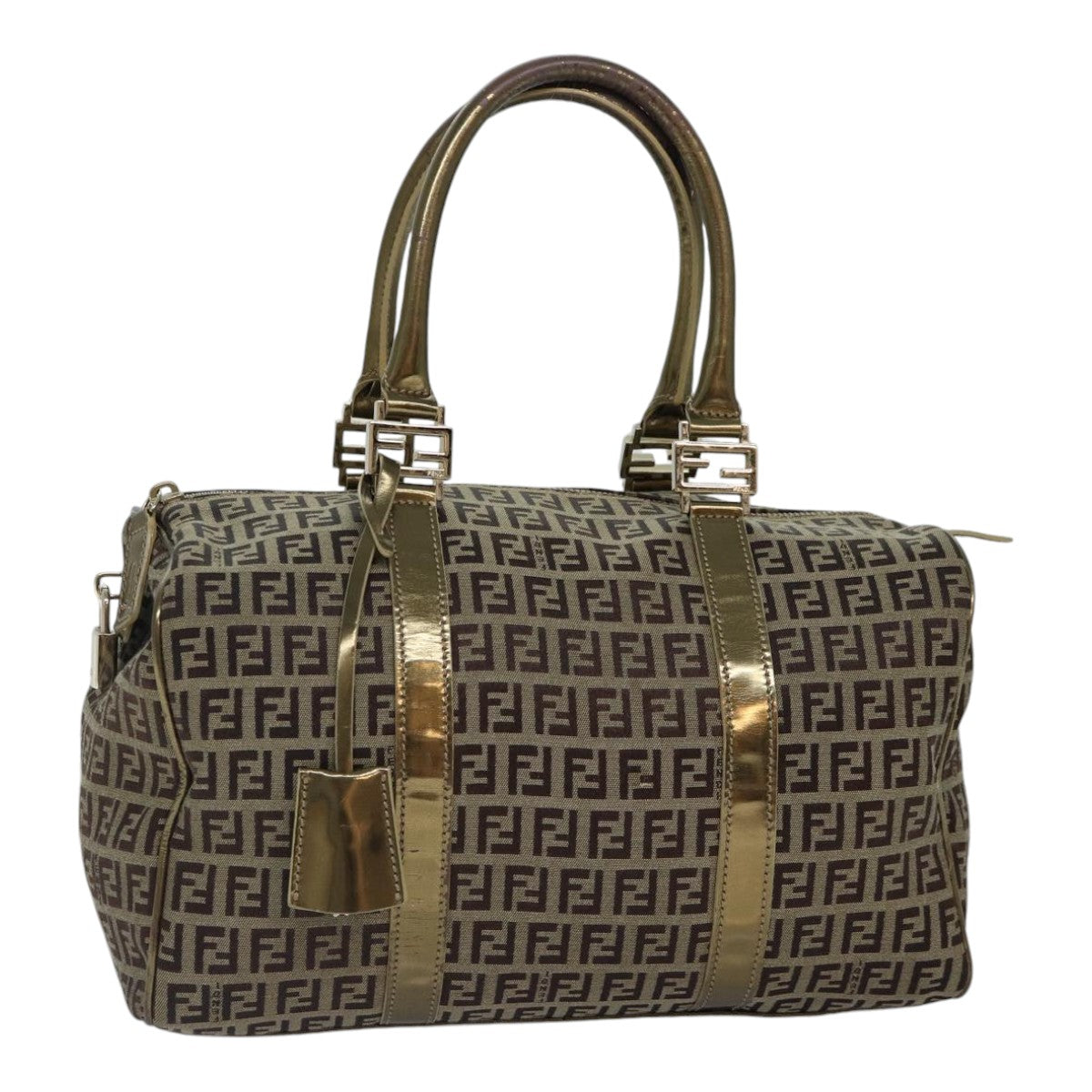 FENDI Zucchino Canvas Boston Bag Beige Gold hk1608
