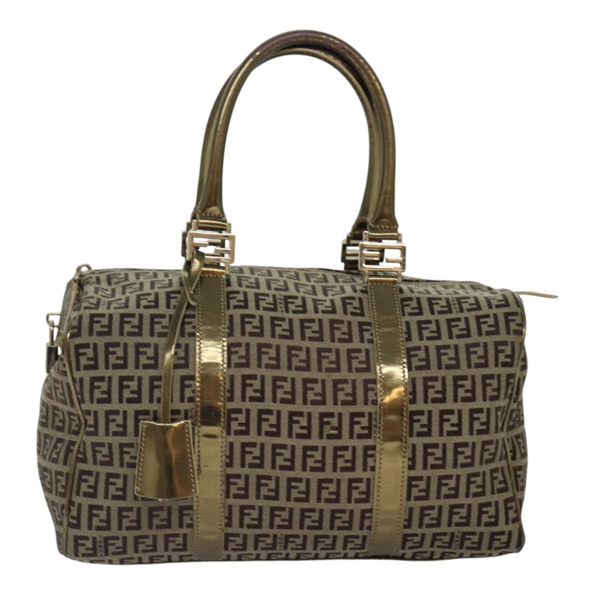 FENDI Zucchino Canvas Boston Bag Beige Gold hk1608