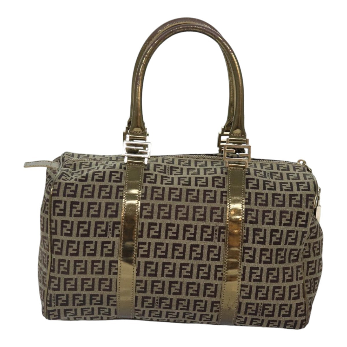 FENDI Zucchino Canvas Boston Bag Beige Gold hk1608