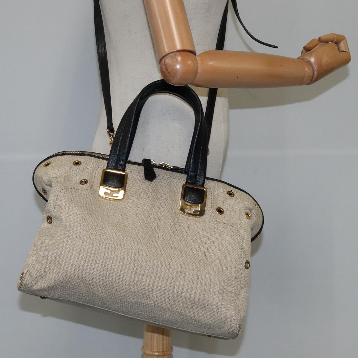FENDI Chameleon Bag Hand Bag Canvas 2way Beige hk1927