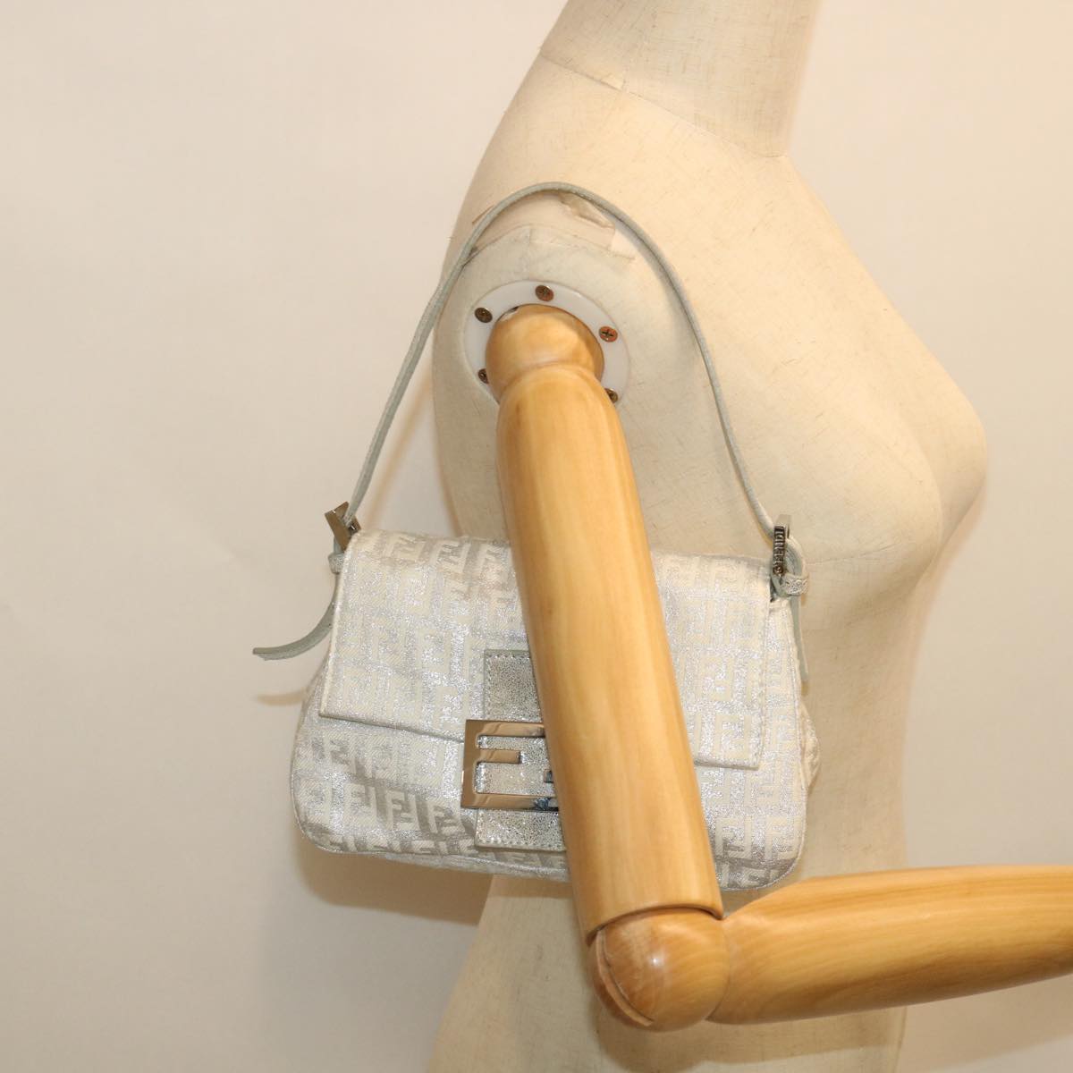 FENDI Zucchino Canvas Mamma Baguette Shoulder Bag Silver hk852