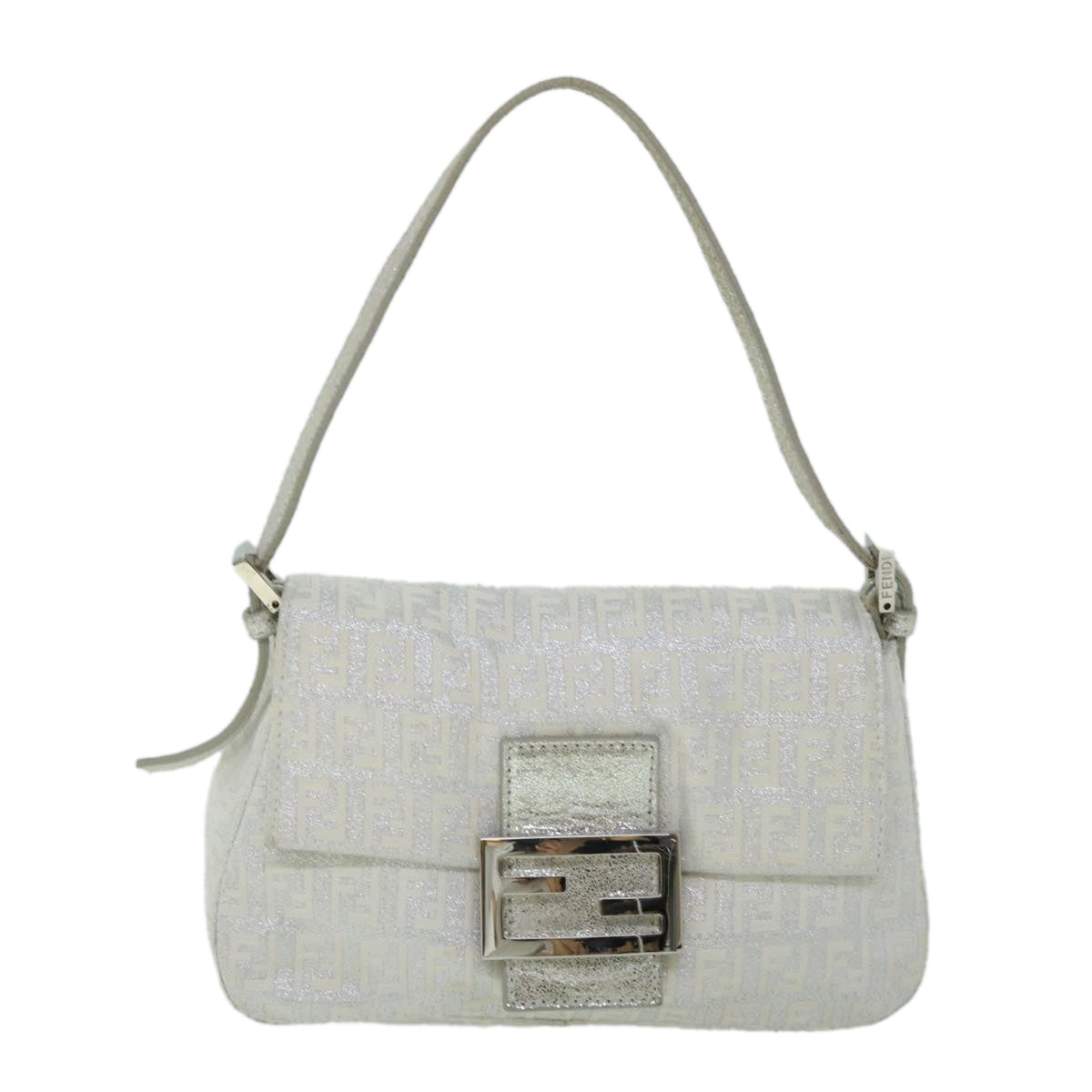FENDI Zucchino Canvas Mamma Baguette Shoulder Bag Silver hk852