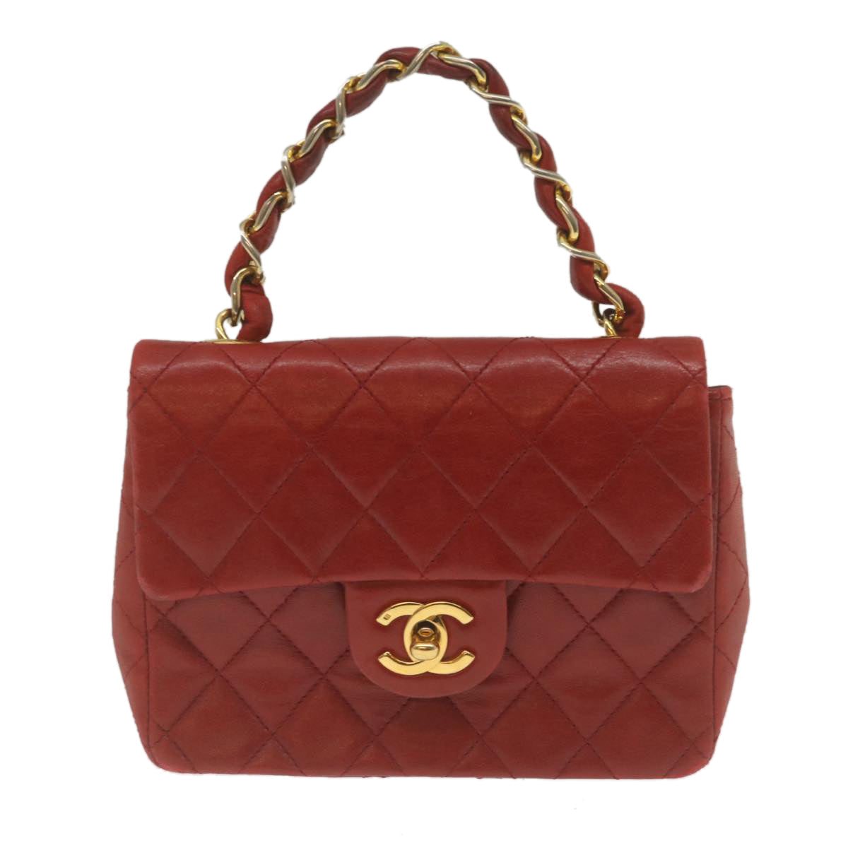 CHANEL Mini Matelasse Chain Flap Hand Bag Lamb Skin  Red Gold CC hs688A