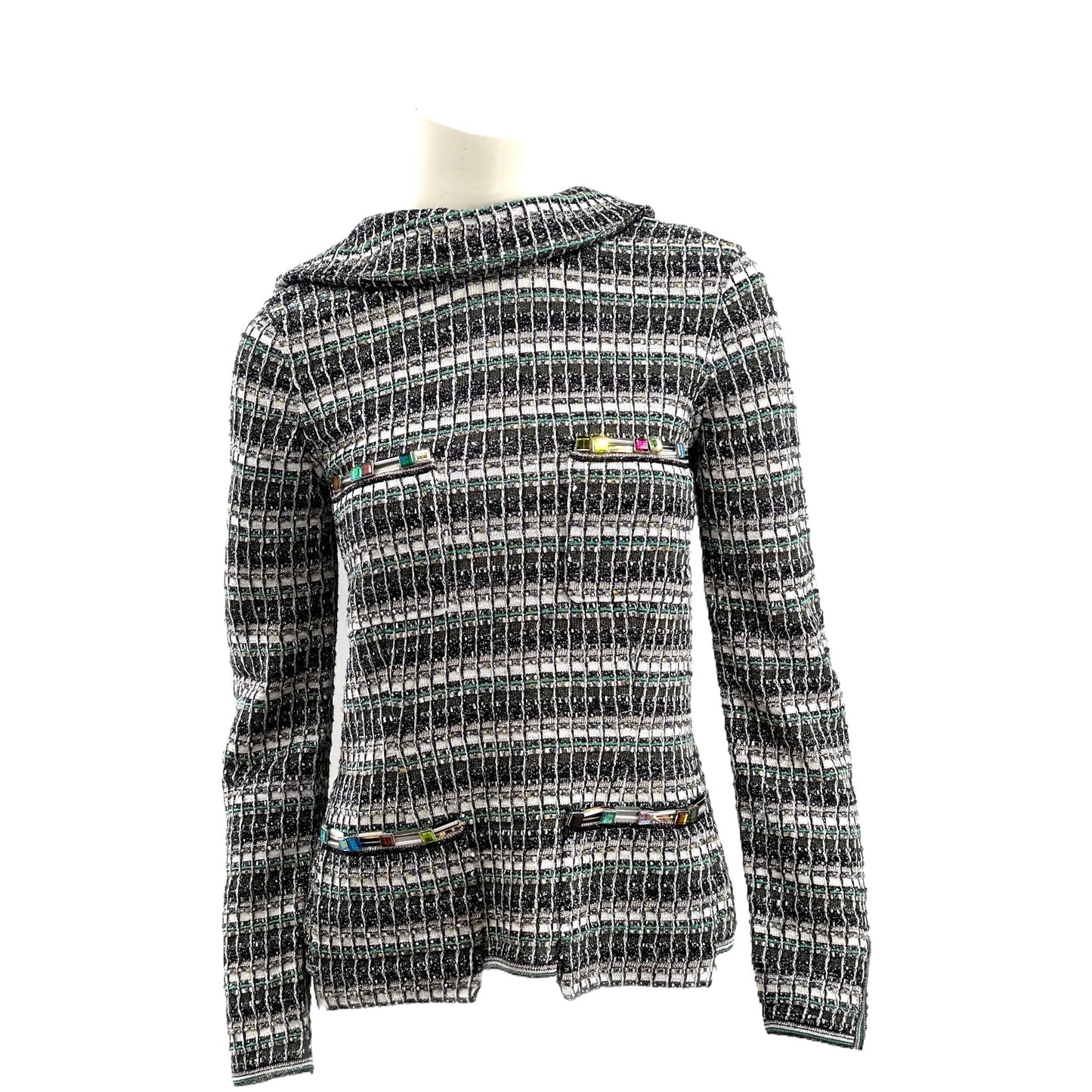 Chanel Monochrome Silk Blend Crystal Embellished Plunge Back Tweed Blazer