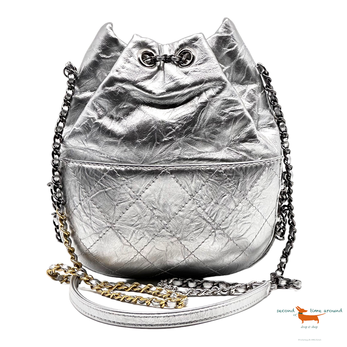 Chanel Silver Quilted Leather Small Gabrielle Bucket Bag