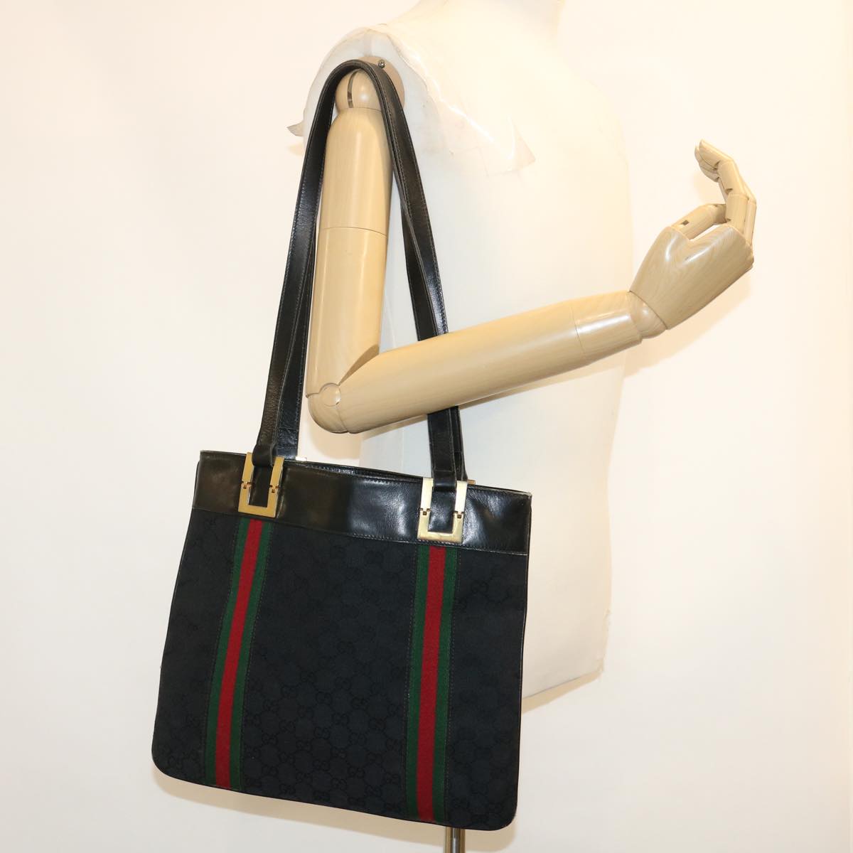 GUCCI GG Canvas Web Sherry Line Shoulder Bag Black Red Green jk1453