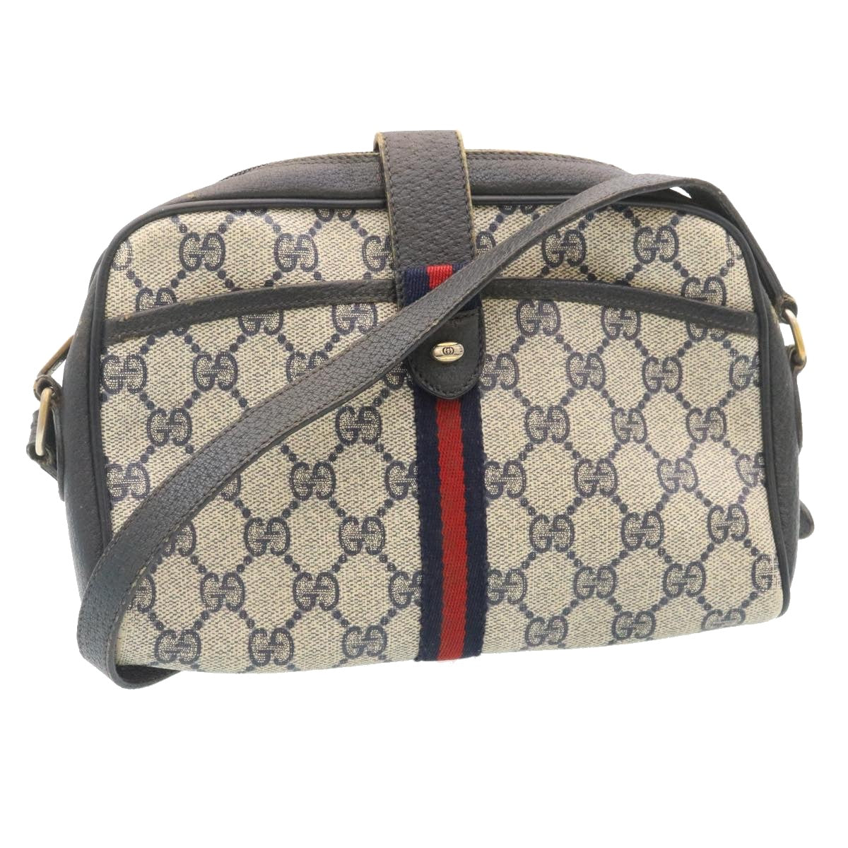 GUCCI Sherry Line GG Canvas Shoulder Bag PVC Leather Navy Red ai591