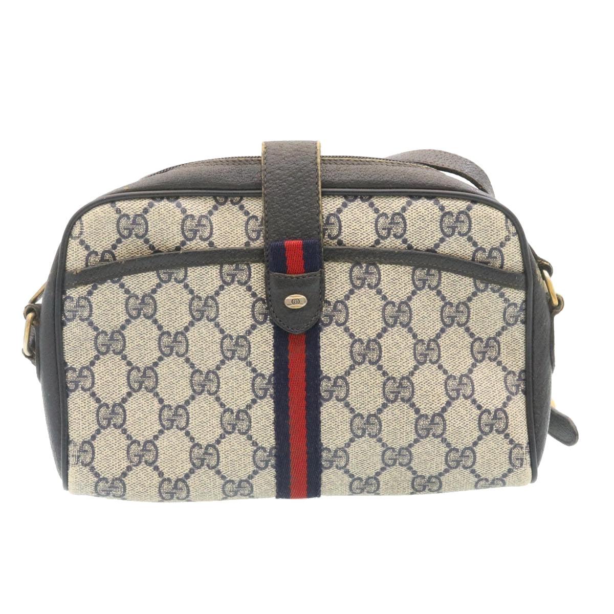 GUCCI Sherry Line GG Canvas Shoulder Bag PVC Leather Navy Red ai591