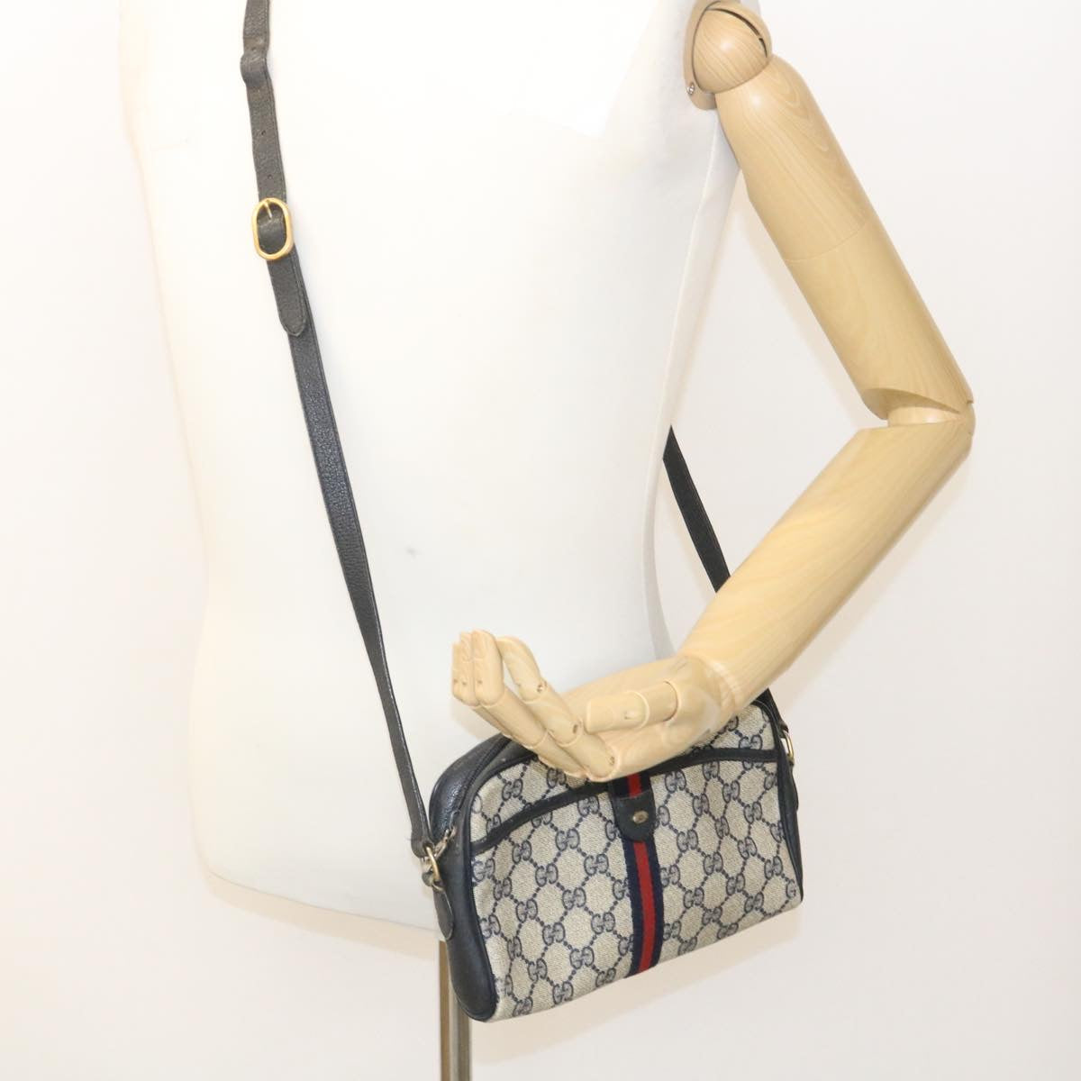 GUCCI Sherry Line GG Canvas Shoulder Bag PVC Leather Navy Red ai591
