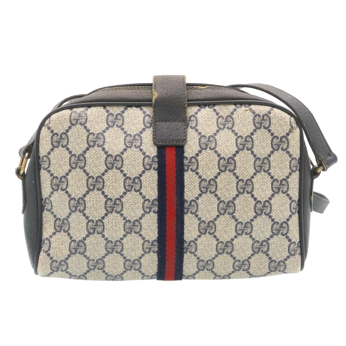 GUCCI Sherry Line GG Canvas Shoulder Bag PVC Leather Navy Red ai591