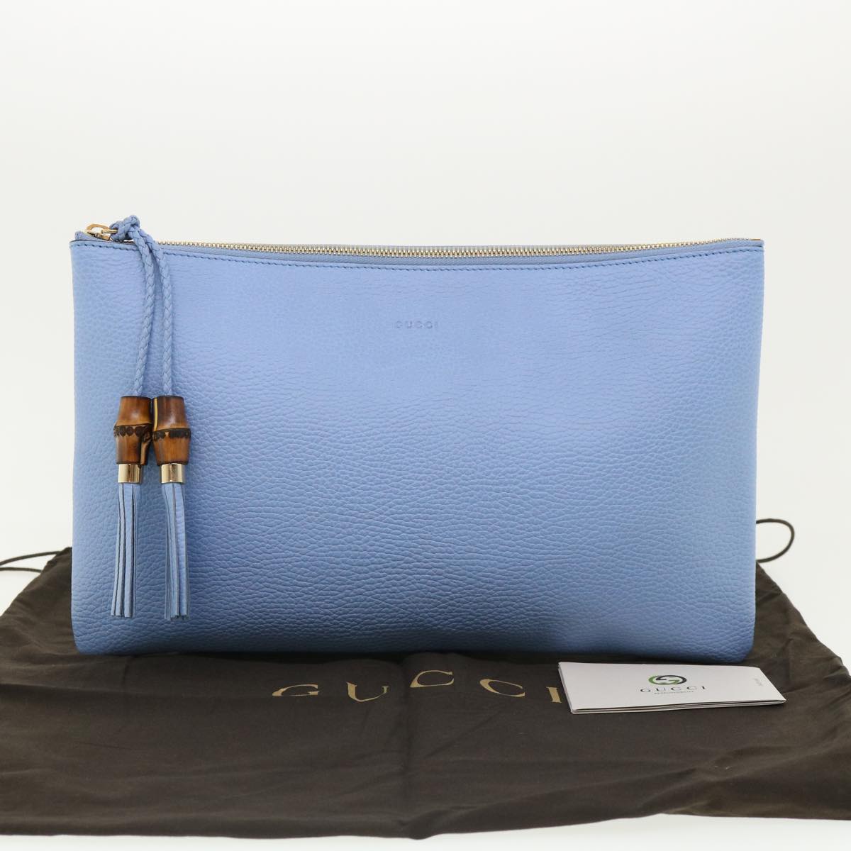 GUCCI Bamboo Fringe Clutch Bag Leather Light Blue ki2160